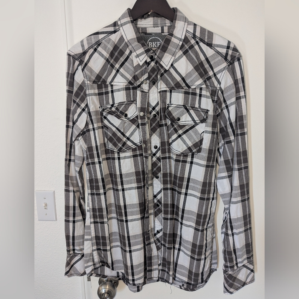 BKE Large Black and White Long Sleeve Plaid Casual Shirt